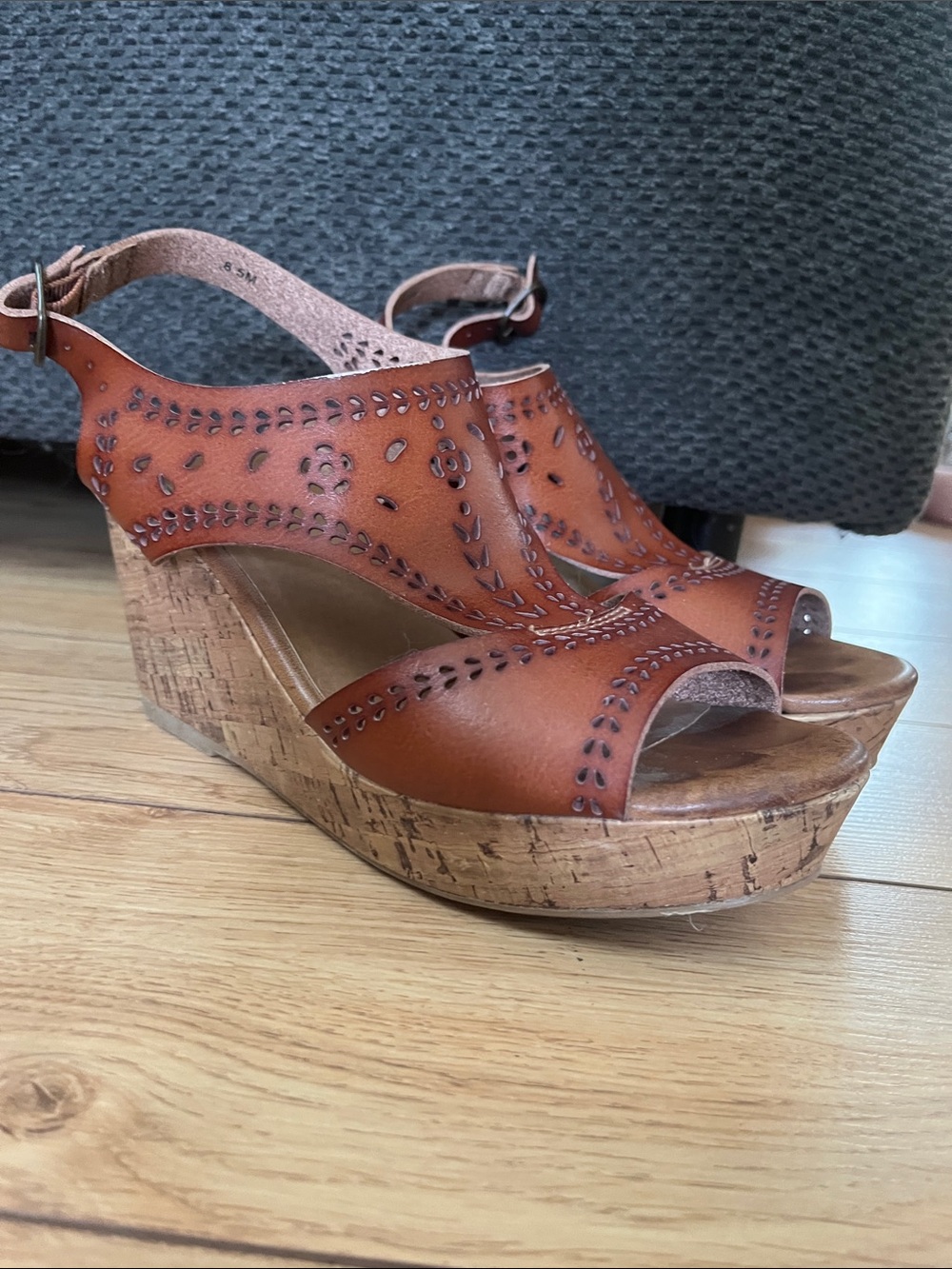 Maurices Brown/ Cognac Leather Cutout Cork Wedge Sandals